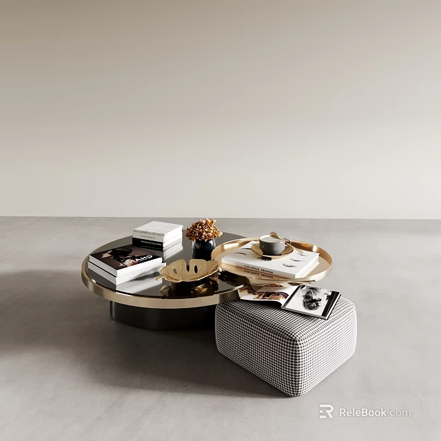 Modern Round Coffee Table With Gold Tray Cup Magazines Vase And Checkered Stool 3d model 
