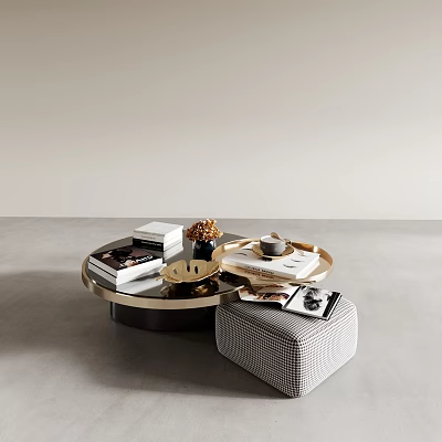Modern Round Coffee Table With Gold Tray Cup Magazines Vase And Checkered Stool 3d model