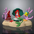 Mermaid With Red Lobster And Yellow Fish On Green Shell With Pink Coral And Starfish