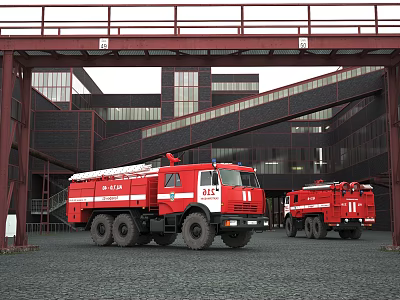 Red Fire Trucks Parked Under Metal Framework Near Industrial Building 3d model