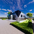 Modern Public Toilet Building With Geometric Design Glass Facade And Green Trees