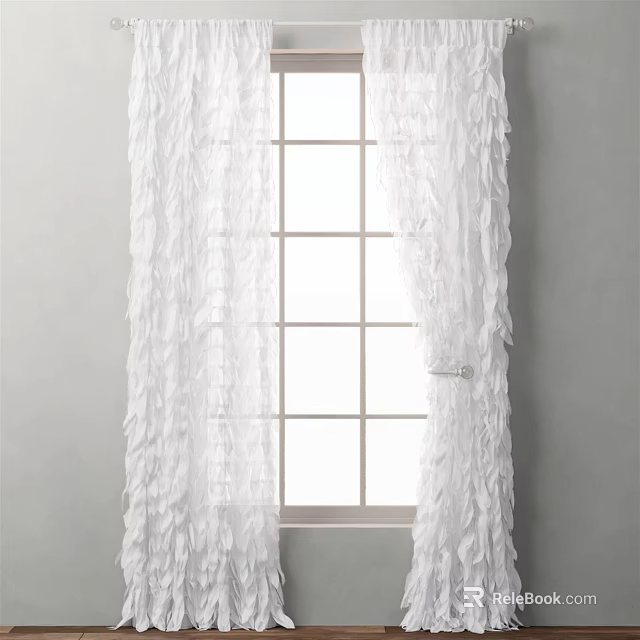 White Ruffled Sheer Curtains Hanging On Window With Gray Wall Background 3d model