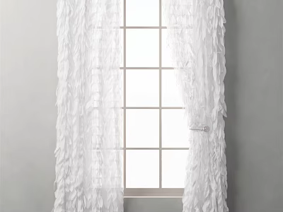 White Ruffled Sheer Curtains Hanging On Window With Gray Wall Background 3d model