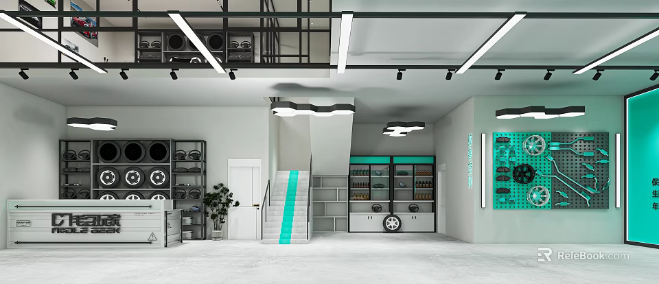 Modern 4S Shop Interior Design With Tire Display Shelves And Car Accessories 3d model 