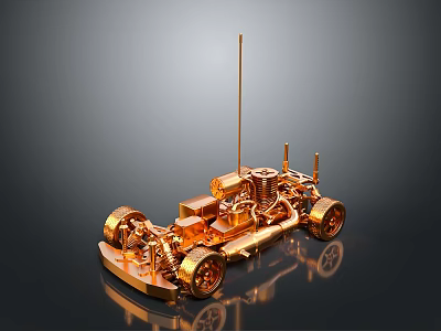 Detailed Golden Car Model With Mechanical Structure Antenna Reflective Wheels On Dark Background 3d model