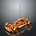 Detailed Golden Car Model With Mechanical Structure Antenna Reflective Wheels On Dark Background