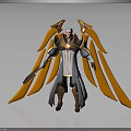Detailed 3D Fantasy Character With Orange Wings Wearing Robe Holding Weapon Design