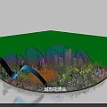 City Flower Expo Landscape With Blooming Flowers Colorful Curved Structures And City Silhouettes