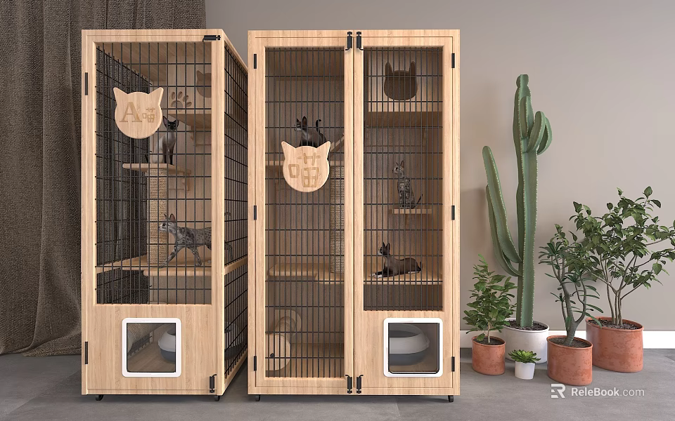 Decorative Wooden Cat Cabinet With Shelves Perches And Potted Plants 3d model 