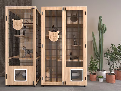Decorative Wooden Cat Cabinet With Shelves Perches And Potted Plants 3d model