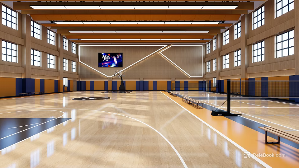 Bright Indoor Basketball Gym With Wooden Floor Orange Ceiling And Large Screen Windows 3d model 