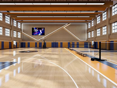Bright Indoor Basketball Gym With Wooden Floor Orange Ceiling And Large Screen Windows 3d model