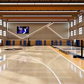 Bright Indoor Basketball Gym With Wooden Floor Orange Ceiling And Large Screen Windows