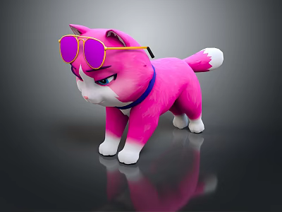 Cute Pink Cat Game Character Wearing Yellow Framed Pink Sunglasses And Blue Collar 3d model