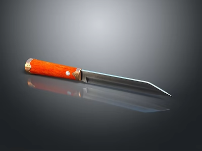 Knife With Orange Handle Sharp Blade Metal Decoration And Reflection On Gray Background 3d model