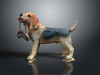 Standing Dog Sculpture With Brown Black White Fur Holding Hotel Sign In Mouth 3d model