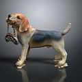 Standing Dog Sculpture With Brown Black White Fur Holding Hotel Sign In Mouth