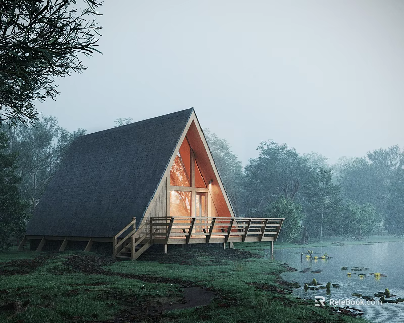 Misty Lakeside Detached Villa Featuring Triangular Roof Wooden Structure And Trees 3d model 