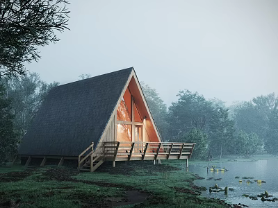 Misty Lakeside Detached Villa Featuring Triangular Roof Wooden Structure And Trees 3d model