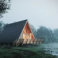 Misty Lakeside Detached Villa Featuring Triangular Roof Wooden Structure And Trees
