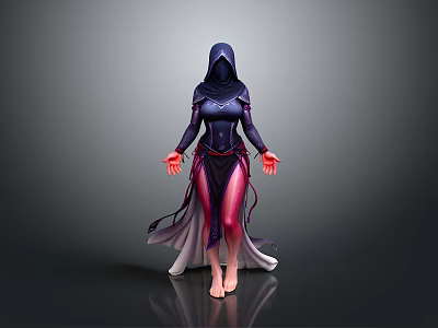 Hooded Woman Barefoot Wearing Dark Robe With Purple Pink Gradient And Outstretched Hands 3d model