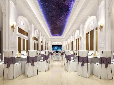 Elegant Banquet Hall With Starry Ceiling White Columns And Purple Bow Chairs 3d model