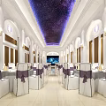 Elegant Banquet Hall With Starry Ceiling White Columns And Purple Bow Chairs