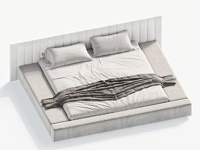 Modern Minimalist Double Bed with White Headboard Soft Pillows and Gray Blanket 3d model