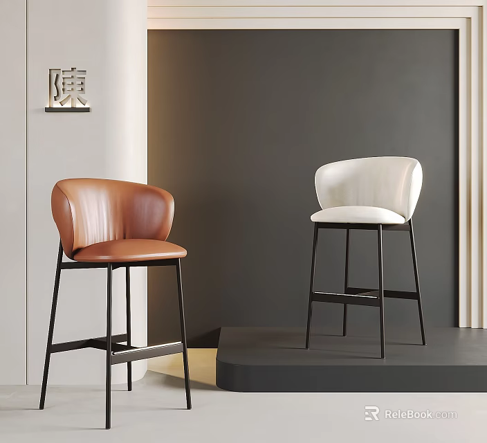 Brown and White Leather Bar Stools with Black Metal Legs in Modern Minimalist Interior 3d model 