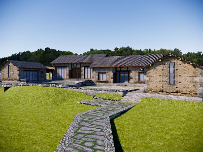 Rustic Stone House Exterior With Slate Roof And Stone Path Through Green Grassland 3d model