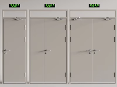 Gray Safety Exit Doors With Emergency Signs In Public Building Corridor 3d model