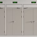 Gray Safety Exit Doors With Emergency Signs In Public Building Corridor
