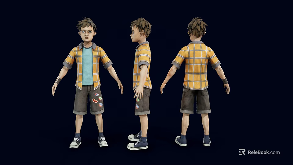 3D Boy Character Model With Three Different Angles Yellow Plaid Shirt And Sneakers 3d model