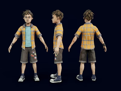 3D Boy Character Model With Three Different Angles Yellow Plaid Shirt And Sneakers 3d model
