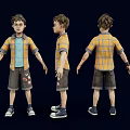 3D Boy Character Model With Three Different Angles Yellow Plaid Shirt And Sneakers 3d model