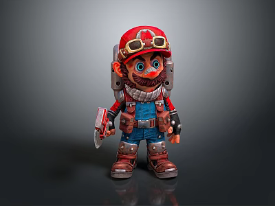 Cartoon Worker Character Wearing Blue Overalls Red Hard Hat Goggles Holding Tool 3d model
