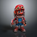 Cartoon Worker Character Wearing Blue Overalls Red Hard Hat Goggles Holding Tool