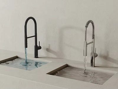 Two Modern Kitchen Faucets Black Curved And Silver Pull Down With Water Flowing 3d model