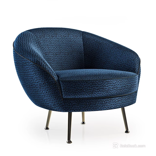 Navy Blue Textured Velvet Accent Chair With Curved Design And Metal Legs 3d model 