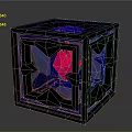 Geometric Blue Cube Design With Metallic Frame And Transparent Surface