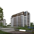 Modern Residential Building With Lush Greenery Water And Walkways
