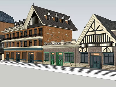 Traditional Commercial Street With Brick Facade And Tudor Style Roofs And Storefronts 3d model