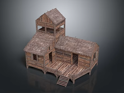 Two Story Wooden House With Thatch Roof And Wooden Deck Stairs 3d model