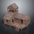 Two Story Wooden House With Thatch Roof And Wooden Deck Stairs