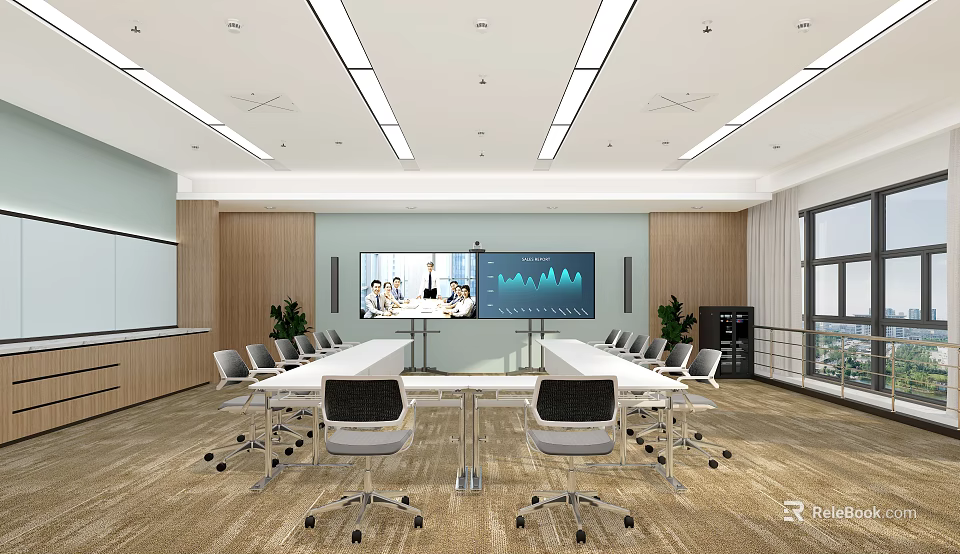 Modern Conference Room Interior Design With Meeting Table Ergonomic Chairs Projector Screen And Data Charts 3d model 