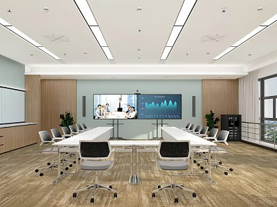 Modern Conference Room Interior Design With Meeting Table Ergonomic Chairs Projector Screen And Data Charts 3d model