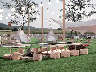 Scenic Camping Site With Tepee Tents String Lights Outdoor Seating And Grass Area 3d model
