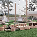Scenic Camping Site With Tepee Tents String Lights Outdoor Seating And Grass Area