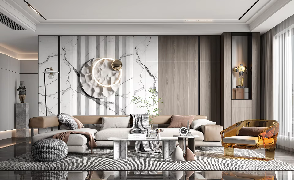 Modern Luxury Living Room Interior With Marble Accent Wall Sofa And Coffee Table 3d model 