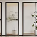 Modern Interior Hinged Doors With Black Frames Transparent And Slatted Glass Panels